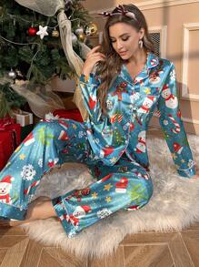 女士圣诞印花翻领上衣和长裤睡衣套装，秋装