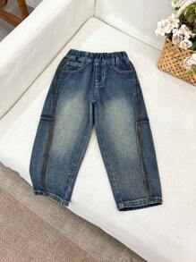 SHEIN YOUNG BOY 波西米亚风都市街头日常休闲风格复古水洗全松紧腰平口袋灯笼裤牛仔裤
