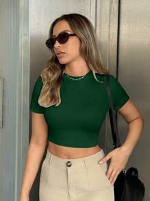 Chiquease Women Summer Solid Round Neck Short Sleeve Cropped Casual T-Shirt - Green - View 4