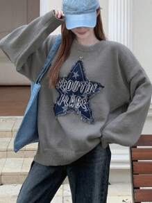 DAZY Maglione oversize in denim con patchwork e decorazione a stelle, stile Y2K, adatto per l'autunno