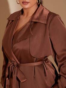 SHEIN BAE Plus Size Women's Solid Color  Double-Breasted Long Sleeve Elegant Trench Coat, Spring & Autumn Winter Fall - Coffee Brown - View 3