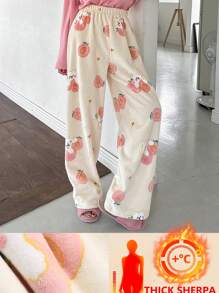 DAZY Cute Cartoon Pattern Flannel Thick Straight Leg Pajama Bottoms,Thermal Lined - Beige - View 1
