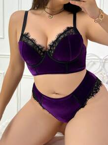 SHEIN Plus Size Women Contrast Lace Contrast Color Lingerie Set, Lift - Purple - View 5
