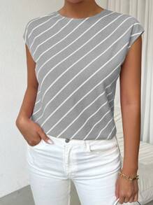 SHEIN Essnce Áo sơ mi nữ mùa hè Áo phông kẻ sọc rộng rãi cho đi làm hàng ngày và mặc thường ngày - Xám - Xem 3