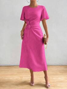 RosyDaze Robe longue et élégante pour femmes avec décor floral 3D, taille, manches courtes à volants, col rond, unie, pour l'été - Rose vif - Voir 6
