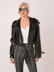 SHEIN LUNE Women's Fashionable Cropped Motorcycle Jacket, Autumn - Black - View 3