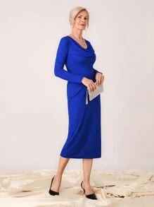 SHEIN LUNE 女士优雅纯色垂坠领中长连衣裙，春秋 - 藍色 - 查看 4