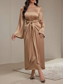 Veilorie 女士优雅纯色喇叭袖系带长裙，秋季朴素 - 卡其色 - 查看 4