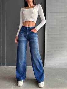 EURMUSE 100% Cotton Low Waist Wide Leg Medium Wash - Dark Wash - View 5