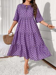 Franclia 大码女式夏季花卉印花系带短袖荷叶边下摆连衣裙 - 紫色 - 查看 3