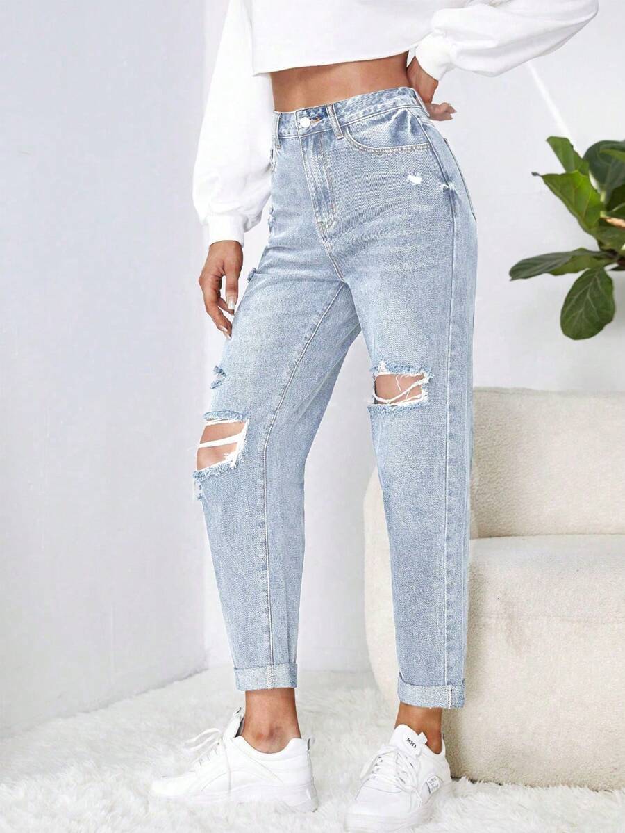 SHEIN EZwear High Waist Ripped Mom Fit Jeans - Light Wash - View 1