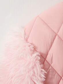 1pc Tween Girls Personalized Short Zip-Up Contrast Fluffy Sleeve Jacket - Pink - View 3