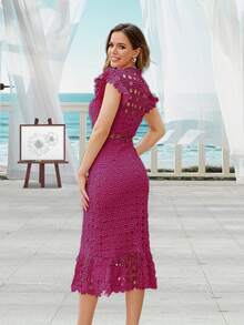 Vestido midi elegante de unicolor con cuello redondo, manga corta y bajo con volantes, vestido de fiesta, vestido de gala, vestido formal, vestido de invitada de boda