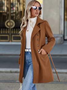 SHEIN Clasi Áo khoác công sở thường ngày có cổ đứng cài hai hàng khuy cho nữ - màu nâu - Xem 1