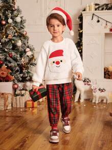 SHEIN Playful Pals 年轻男孩圣诞老人图案羊毛运动衫和格子裤两件套，适合冬季、节日、派对、家庭聚会、居家 - 彩色 - 查看 6