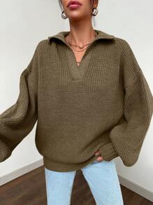 EURMUSE Suéter Con Hombros Caídos De Color Liso Para Mujer - Camel - Ver 3