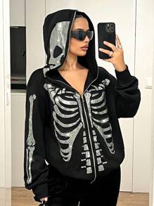 SHEIN ICON Y2k Sweatshirt Skull Studded Zipper Front Loose Women Hoodie Sweatshirt,Long Sleeve Tops Graduation,Back To School Outfits,Graduation,Teacher Outfits For Women,Back To School In Fall/Winter - Black - View 1