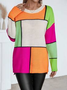 Chiquease 女士秋冬撞色圆领蝙蝠袖长袖宽松休闲毛衣 - 彩色 - 查看 4