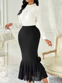 Chiquease Women's Elegant Casual Solid Color Mesh Contrast Ruffle Fishtail Hem Floral Decorated A-Line Skirt - Black - View 4