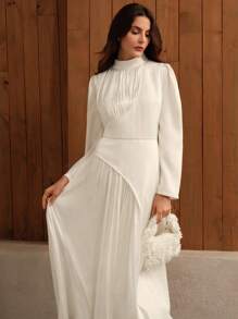 Anewsta 女款白色缎面高领长袖连衣裙