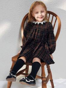 Blossori 年轻女孩优雅法式棕色格子荷叶边宽松长袖编织连衣裙，秋冬 - 棕色 - 查看 3
