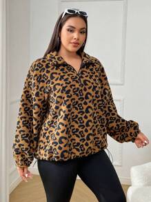 SHEIN EZwear 大码女式豹纹前拉链长袖棕色运动衫，适合冬季 - 棕色 - 查看 6