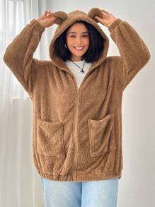 SHEIN EZwear 温暖蓬松连帽夹克，带可爱熊耳朵，加大码，秋冬 - 卡其色 - 查看 1