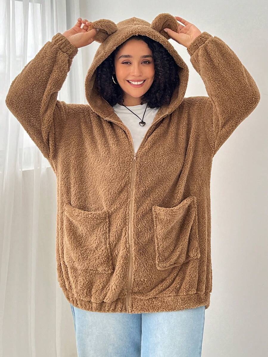 SHEIN EZwear 温暖蓬松连帽夹克，带可爱熊耳朵，加大码，秋冬 - 卡其色 - 查看 1
