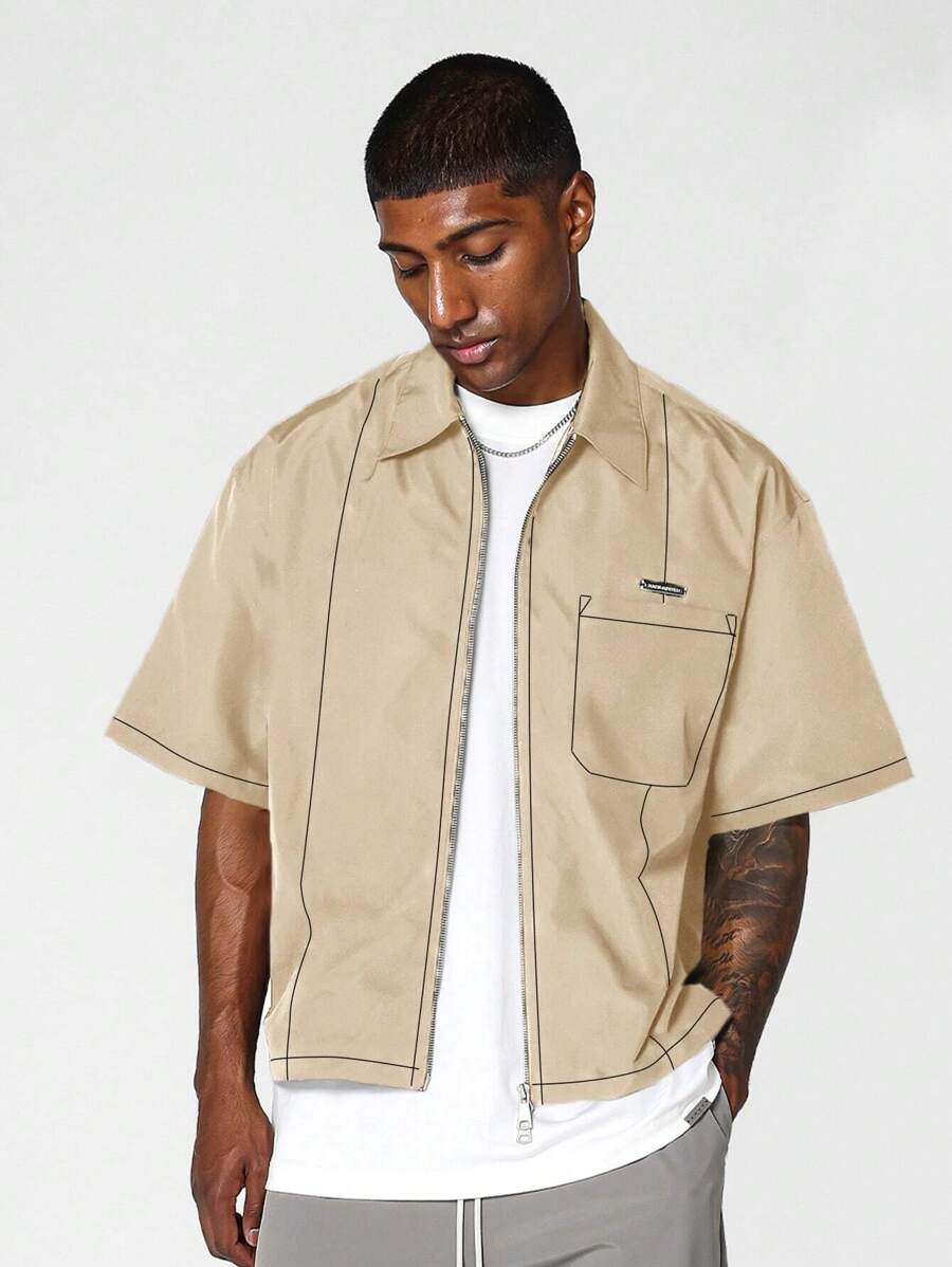 SUMWON Boxy Fit Zip Through Shirt With Patch Pocket | SHEIN USA