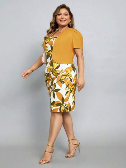 SHEIN Lady Plus Size Women Fashionable Printed Dress Two-Piece Set,Holiday Outfits