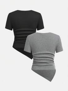 SHEIN Áo thun tay ngắn không đối xứng cạp chun đơn giản cho bé gái tuổi teen 2 chiếc - Màu Xám nhạt - Xem 2