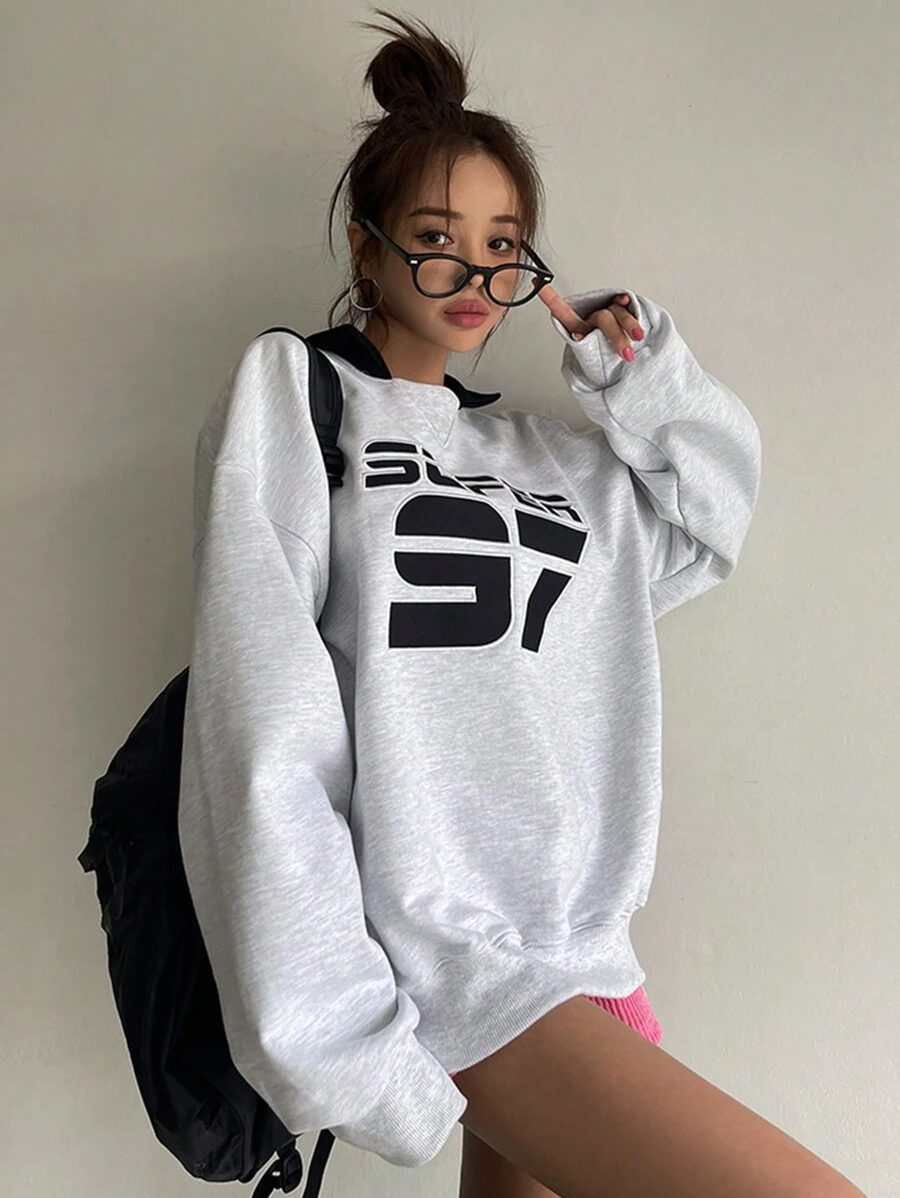DAZY Women's Loose Fit Letter Embroidered Crew Neck Sweatshirt,Fall Clothes - Grey - View 1