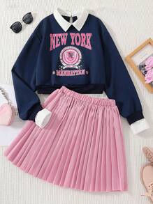 SHEIN 少女字母印花马球领运动衫和百褶裙套装 - 彩色 - 查看 7