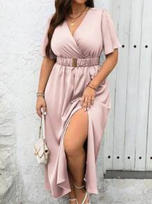 Celure Plus Size Women's Summer Solid Color Overlap V-Neck Ruffle Short Sleeve Side Split Hem Elegant Dress - Pink - View 1