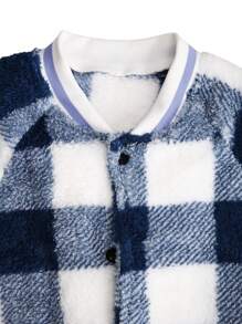 Manfinity Homme 男士纽扣式长袖时尚格子设计休闲男士夹克，秋冬男士夹克，男友礼物，珊瑚绒蓝色夹克 - 彩色 - 查看 4