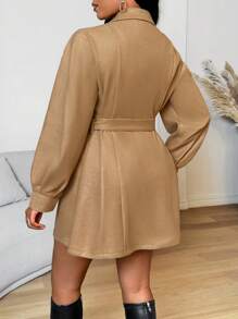 Zolique 1 件女士立领腰带长袖优雅针织风衣 - 卡其色 - 查看 2