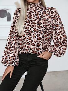 SHEIN Clasi Blouse plissée à manches lanternes, col volantée à imprimé léopard pour femmes, printemps/été - Multicolore - Voir 5