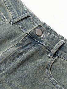 SHEIN Teen Girls' Fashionable Distressed Denim Jeans With Rhinestone Cross Embellishments And Flared Legs - Medium Wash - View 3