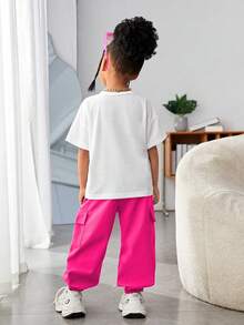 SHEIN Explorewe 2 件装年轻女孩街头风格肖像印花超大 T 恤和工装裤嘻哈服装 - 玫紅色 - 查看 2