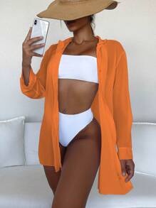 SHEIN Swim Summer Beach Solid Drop Shoulder Kimono - Orange - View 1
