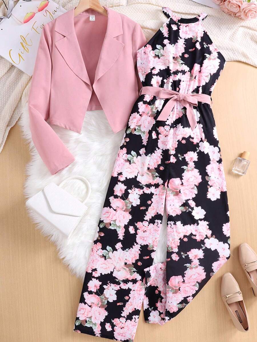 SHEIN 2 件套青少年女孩秋季粉色缺口领不对称下摆长袖夹克和宽松花卉印花连体裤优雅休闲/工作装 - 粉色 - 查看 1