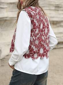 GENKIRA Chaleco/chaqueta de cuello redondo con decoración de bordado y bloques de color en un estilo elegante y aleatorio para el diario - Burdeos - Ver 3