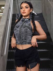 SHEIN EZwear 女士夏季拉链领短款休闲牛仔背心夹克 - 淺灰色 - 查看 4