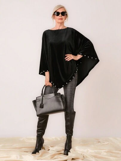 SHEIN LUNE Blusa casual de cuello redondo oversize con mangas tipo murciélago y decoración de perlas falsas, para primavera y verano