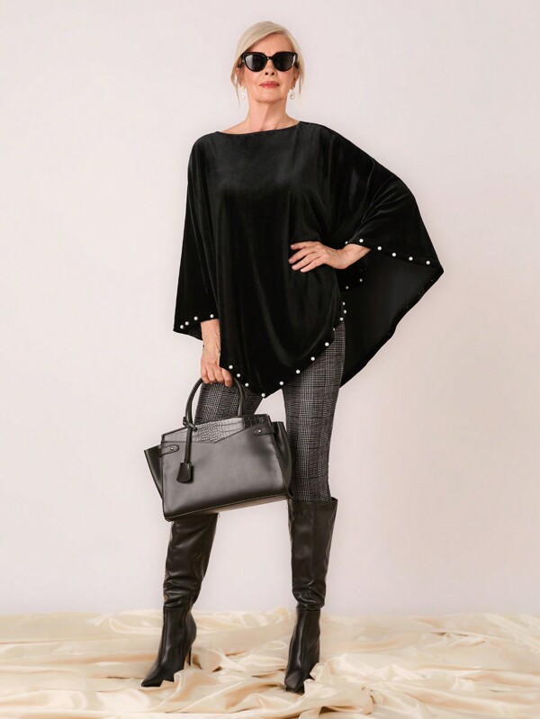 SHEIN LUNE Women's Oversized Crew Neck Batwing Sleeve Faux Pearl Decor Casual Blouse, Spring And Summer