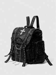 ROMWE Grunge Punk Balo phong cách Goth Unisex có mặt thánh giá, sức chứa lớn, Balo đinh tán Punk cổ điển, thích hợp đi học - màu đen - Xem 3
