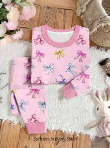 女婴简约蝴蝶结图案长袖长裤睡衣套装，修身保暖，适合秋冬季穿着 - 粉色 - 查看 1