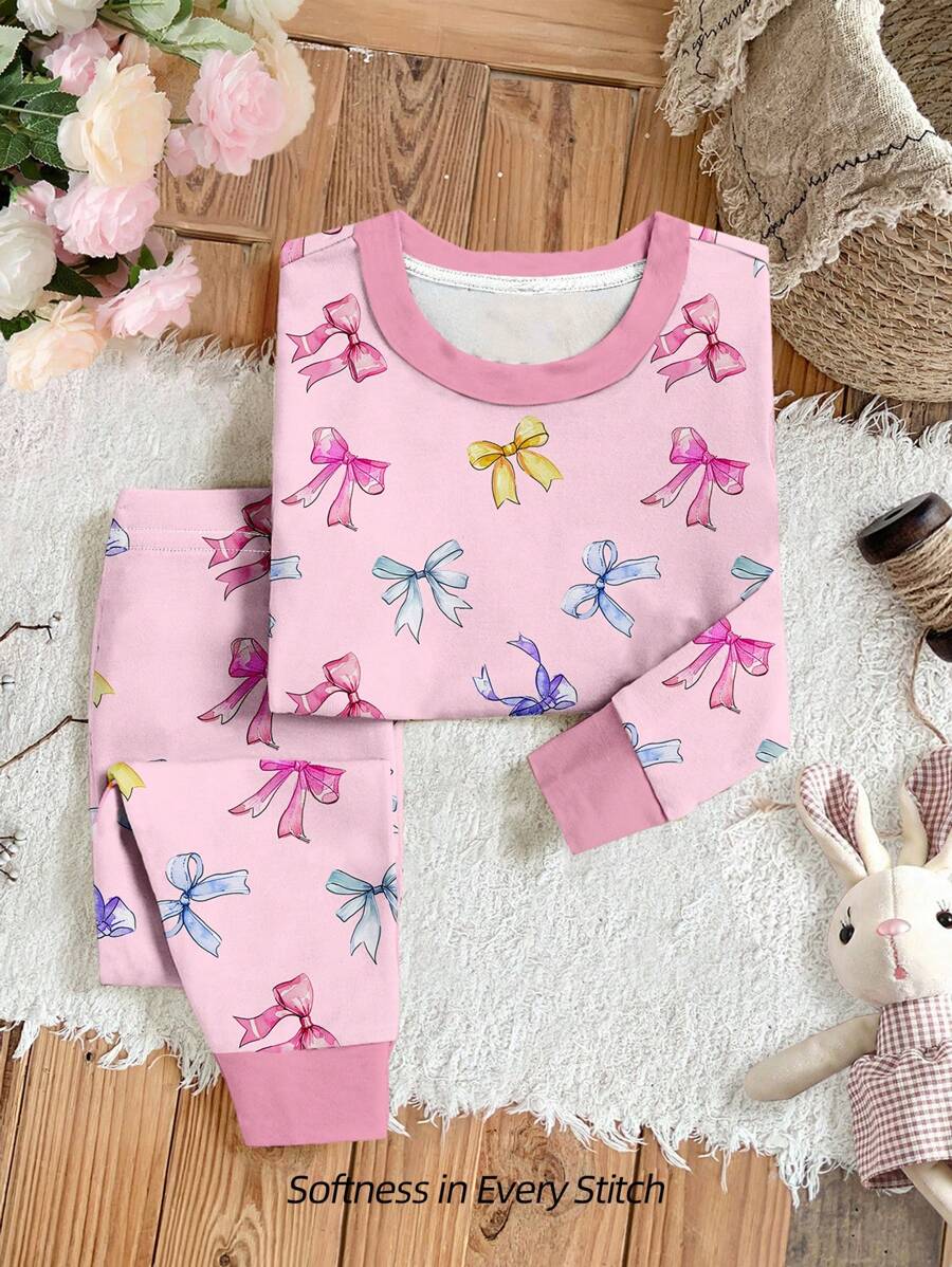 女婴简约蝴蝶结图案长袖长裤睡衣套装，修身保暖，适合秋冬季穿着 - 粉色 - 查看 1