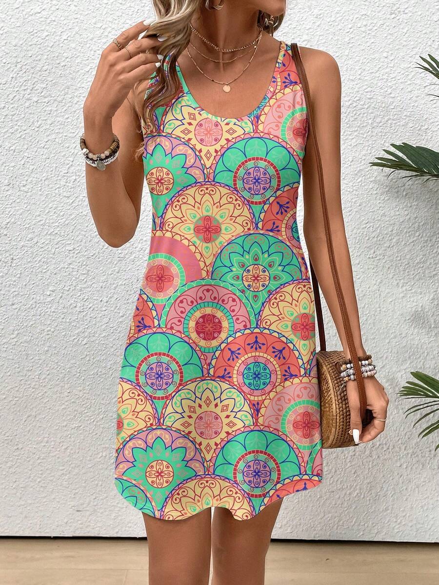 SHEIN LUNE Váy suông không tay họa tiết đơn giản thoải mái dành cho nữ thích hợp cho mùa hè - Nhiều màu - Xem 1