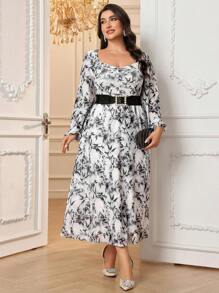 Modelyn Plus Size Women's Spring Summer Floral Print V-Neck Lantern Sleeve Dress Long Evening Dresses - Multicolor - View 6